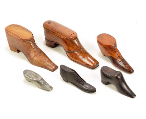 A 19th century walnut and brass stud decorated snuff box in the form of a shoe, length 16.5cm, two similar 20th century examp