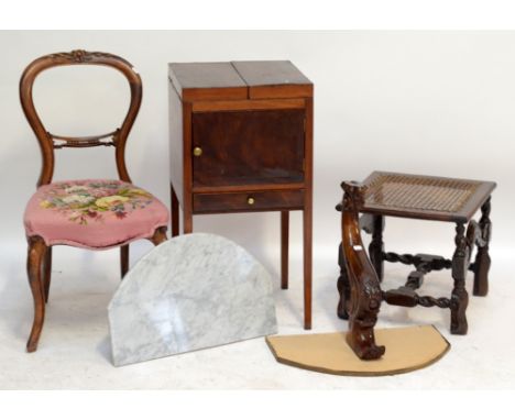 A cane topped stool, a marble topped console table, a single balloon back chairs and a washstand (4).