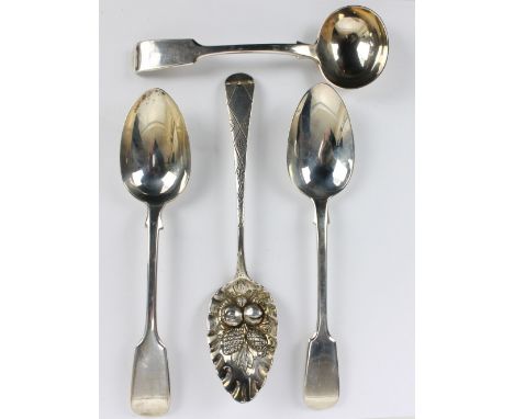 CHARLES BOYTON II; a pair of Victorian hallmarked silver Fiddle pattern tablespoons, London 1841 and 1867, and a sauce ladle,