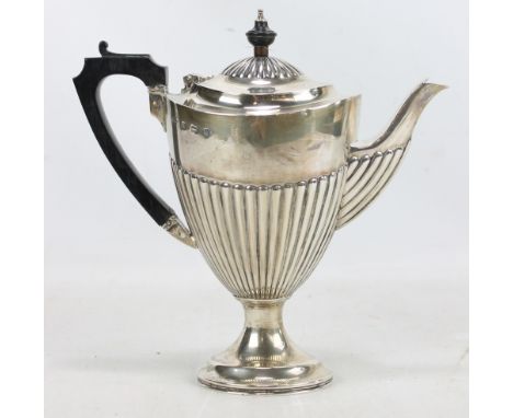 ELKINGTON &amp; CO LTD; an Edward VII hallmarked silver footed part gadrooned coffee pot with angled handle, Birmingham 1901,