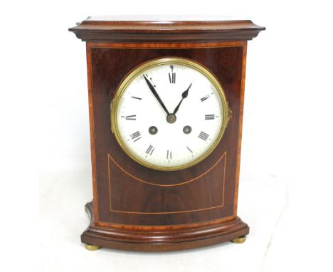 An Edwardian inlaid mahogany mantel clock, the circular dial (af) set with Roman numerals and with Japy &amp; Co movement num