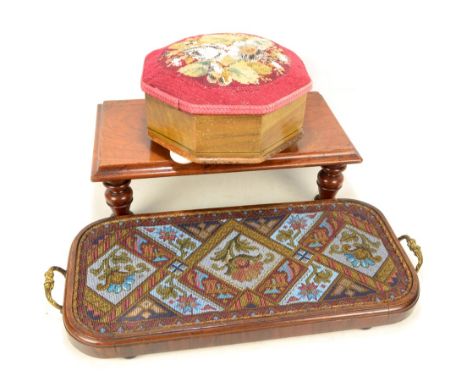 A mid-Victorian rosewood and bead work decorated twin handled rounded rectangular tray, length 59cm, a Victorian walnut stool