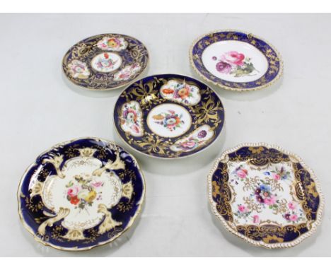 Five Coalport floral decorated gilt heightened cabinet plates with dark blue borders, each approx 24cm (5). CONDITION REPORT: