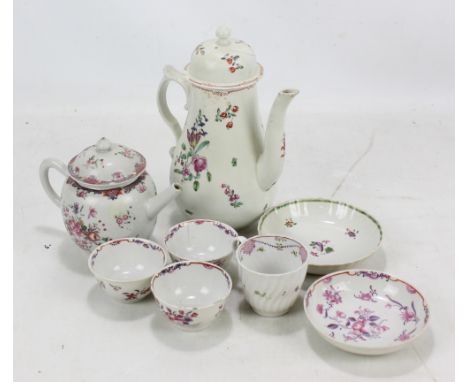 A small group of 18th century New Hall porcelain comprising a set of three floral decorated teacups with one matching, a coff