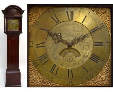 An early 19th century oak cased longcase clock with domed pediment and rectangular plinth base, the circular brass dial set w