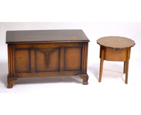 A small oak coffer with three panel front, width 91.5cm, and a sewing table (2).