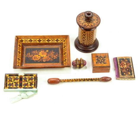 A small group of Tunbridge ware including a small rectangular floral decorated tray, 13 x 10cm, an octagonal needle box and s