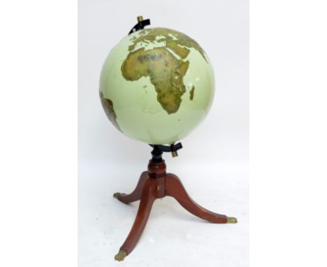 A 1970s/80s 24" terrestrial globe, undetailed but with raised geographical detail, overall raised on three square sectioned o