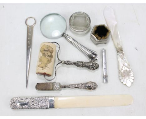 A group of variously hallmarked silver and silver handled items to include an ivory bladed page turner, Charles Henry Dumenil