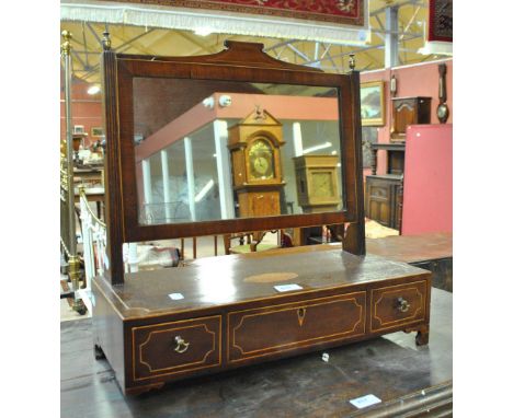 A 19th century mahogany satinwood inlaid and boxwood strung swing toiler mirror with rectangular plate above base of three dr