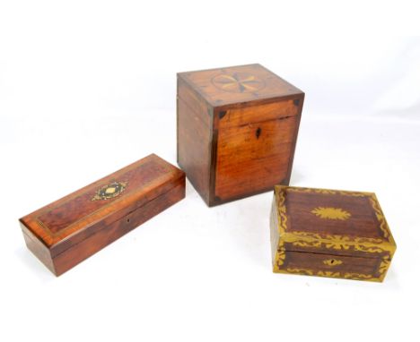 An early 19th century mahogany and inlaid rectangular decanter box (lacking interior), height 24.5cm, width 21.5cm, depth 19.