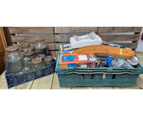 A crate of tools, camping gas stoves; together with a crate of advertising glass jars 