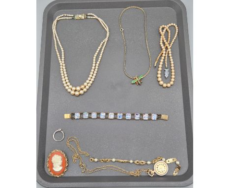 Collection of costume jewellery; Silver and CZ Ring, Ciro pearl necklace, Cameo, enamelled bracelet and various other items. 
