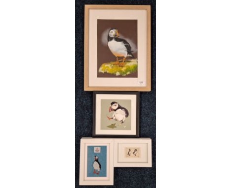 A Selection of Puffin artworks; Harris Tweed tapestry puffin, Abstract print of a puffin, Limited edition 4/50- coloured engr