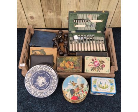 A collection of vintage cutlery boxes [mostly empty] together with collection of vintage tins &amp; bakelite door handles 
