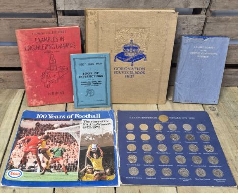 A selection of antique books &amp; 100 year of football Esso complete FA medal set; engineering drawing by H Binns, a short h