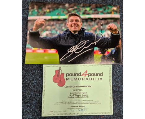 Steven Gerrard Signed 12"x8" Glasgow Rangers Celebration photo Vs Celtic. Comes with certificate of authenticity. 