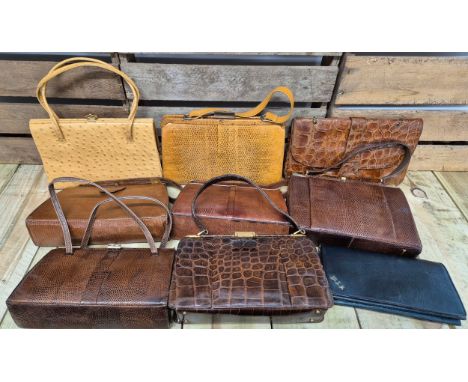 A collection of nine vintage Crocodile and lizard skin clutch handbags; Mappin &amp; Webb, Riviera bags &amp; other vintage l