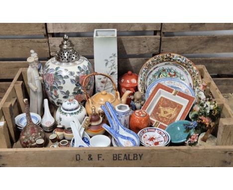 A tray of oriental wares; Large temple jar with lid, Satsuma incense burner, vases, two green jade bonsai imitation trees &am