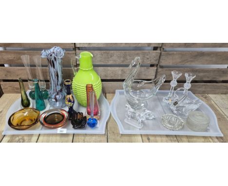 Two Trays of art glass and crystal; Romanian style large vase, art glass jug, bowls, Swarovski crystal horse sculpture- missi