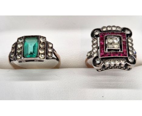 Two Art deco 9ct gold and glass rings. 9ct Shank rose gold ring set with white and pink glass stones- as found to band joint,