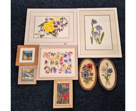 A Selection of art works &amp; tapestry flower works; watercolour flower scene signed R clement &amp; M Elliot, Orkney stones