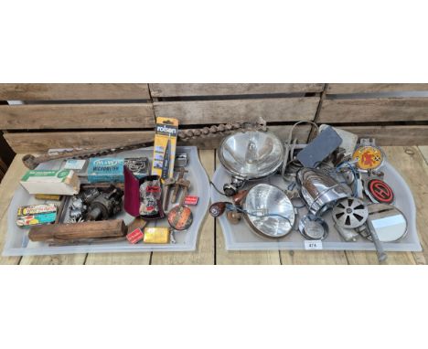 Two trays of vintage car parts &amp; old tools; Lucas HC lamp, morris miner car driving item, vintage car badges, esso car la