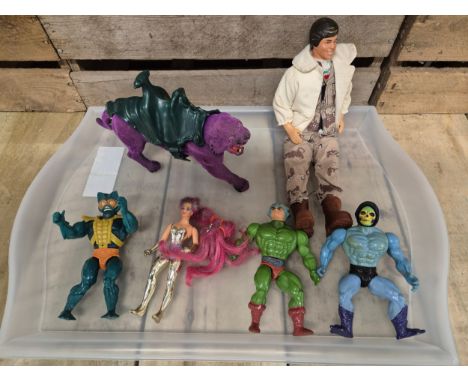 A tray of collectable vintage toy figures; He-man figures Skelator, Panthor Savage Cat, Mer Man, She- Ra, Man at arms  &amp; 