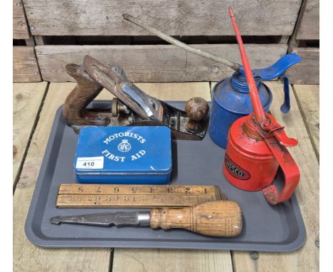 A Tray of collectables; Stanley plane, vintage oil cans, antique ruler, Jas picks on 1906 tool &amp; Rac motorist first aid b