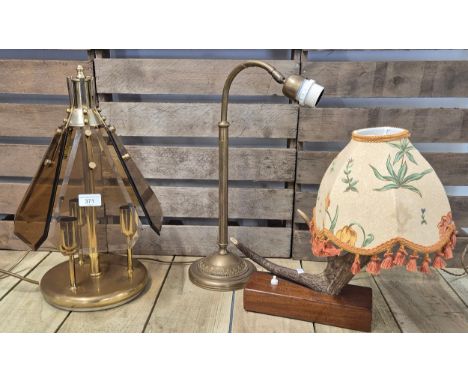 A collection of three vintage Table lamps; 1970s three section brass desk lamp, antler based table lamp &amp; brass desk ligh