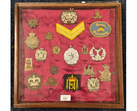 A collection of Military badges &amp; patches in a fitted display case. The Cheshire Regiment, Royal Corps of Transport, King