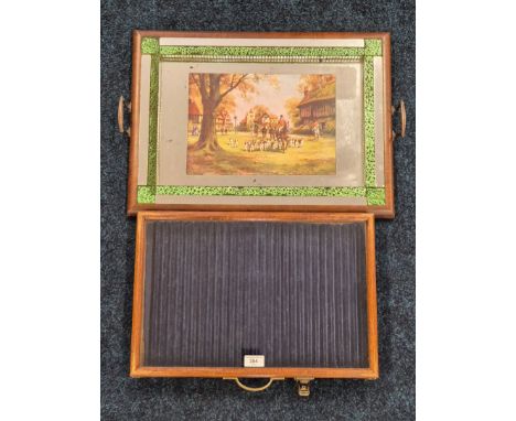 Antique pine jewellery ring display case together with a vintage fox hunting scene tray 