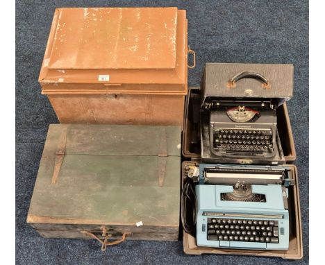 Victorian deed box together with antique wooden tool box &amp; contents together with 2 vintage type writers 