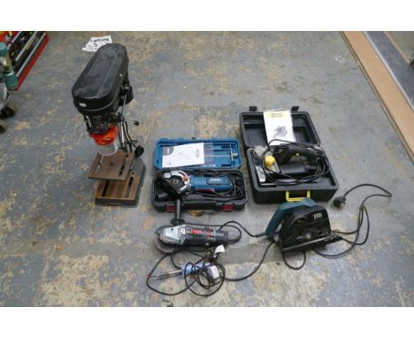 A Chio 5 speed bench drill together with a Erbauer angle grinder (cased), a Performance power angle grinder, a McKeller plann