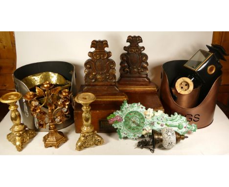 A collection of homewares to include a painted replica wall mounted lamp, assorted metal log bins, a Royal Copenhagen Parian 