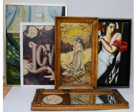A large assortment pictures and prints to include a Pears 'Cottage Door' print, together with a cartouche shaped painted wall