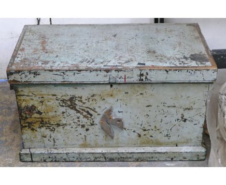 A vintage pine tool chest full of used tools, spare parts and vintage number plates. 