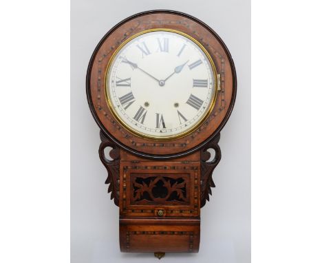 A early 20th century walnut inlaid drop dial wall clock, the white dial with black Roman numerals and twin winding holes, 72c