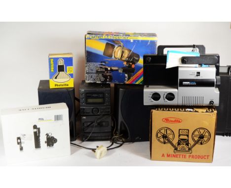 A collection of early 20th century and later vintage technology, including various cine cameras and projectors in four boxes.