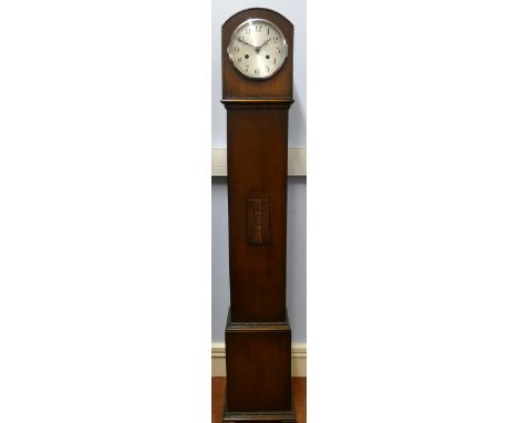 A 1930s oak cased Grandmother clock, the silvered dial with black Arabic numerals, 128cm high  In good overall cosmetic condi