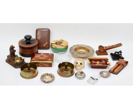 A Carltonware Rouge Royale ashtray and cigarette box, two Trench Art shell case ashtrays and other smoking related wares 