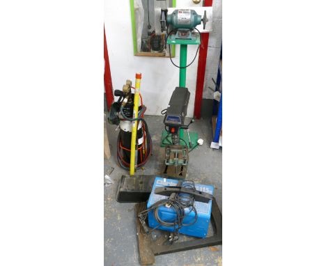 A Clarke weld Easi Arc 115N, a blow torch, a bench grinder and a pillar drill, all untested. 