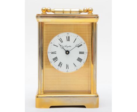 Angelus, an English brass carriage striking carriage clock, striking the half and the hour on a bell, 11 jewel movement, 14cm
