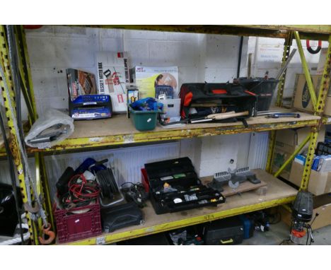 A collection of hand tools and accessories together with two pairs of garden bench ends 