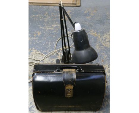 A mid 20th century angle poise table lamp, together with a leather bag. 