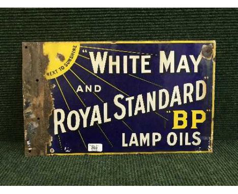 An enamel BP sign, 'White May and Royal Standard Lamp Oils