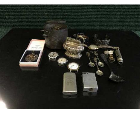 A box of silver spoon, lighters, watches and a New Bridge gas timer switch 