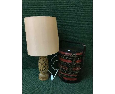 An oriental basket, carved table lamp, silver plated gallery tray