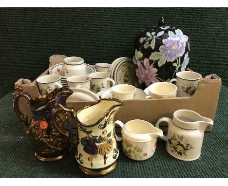 A box and basket of Royal Doulton Lambeth ware dinner service, copper lustre vases, tea cup planter, lidded vase, plated item