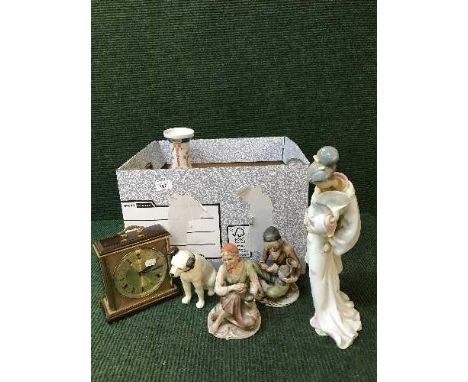 A box of mantle clock, decanter, large vase, Lladro figure etc